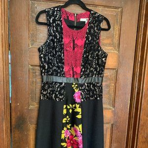 Tracy Reese Mixed Media Stretch A Line Black Pink Floral Dress Size 10